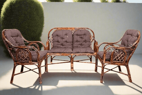 IRA Living Room 4-Seater Sofa Set (Rattan & Wicker, Brown) - Cane Garden Sofa Set with Cushions