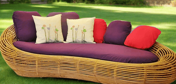 Modern Rattan Three-Seat Sofa with Cotton Upholstery – Honey Finish, Glossy, No Assembly Required