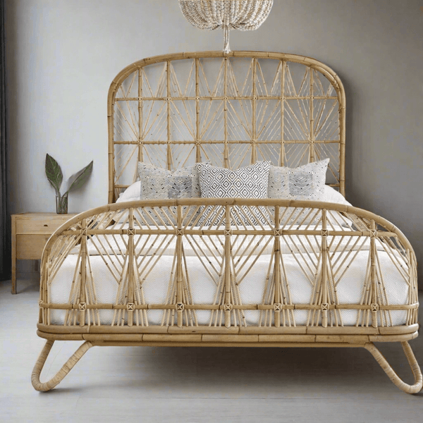 Queen Rattan Bed with Headboard – Solid Teak Wood & Cane, Customizable Design